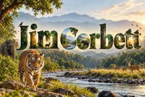 Jim Corbett 2 nights 3 days itinerary featuring a Bengal tiger, elephant, spotted deer, forest and river landscape